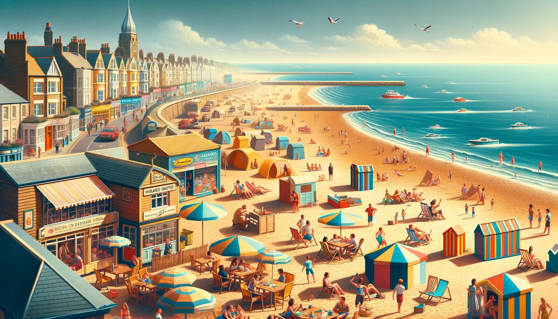 DALL·E 2024-04-29 09.00.10 – A scenic promotional image for a trip to Margate, featuring its seaside attractions. In the foreground, the sandy beach stretches along the coast, wit-2